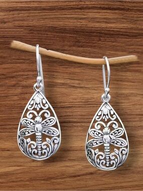 Silver-tone Dragonfly Teardrop Dangle Earrings New. RELISTED